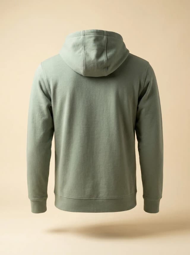 De Organic Cotton Hoodie in olijfgroen, achteraanzicht.